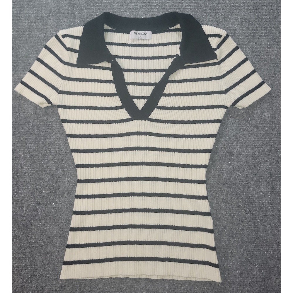 The Workshop Striped Ribbed Polo Top Cream Black V-Neck Short Sleeve Small